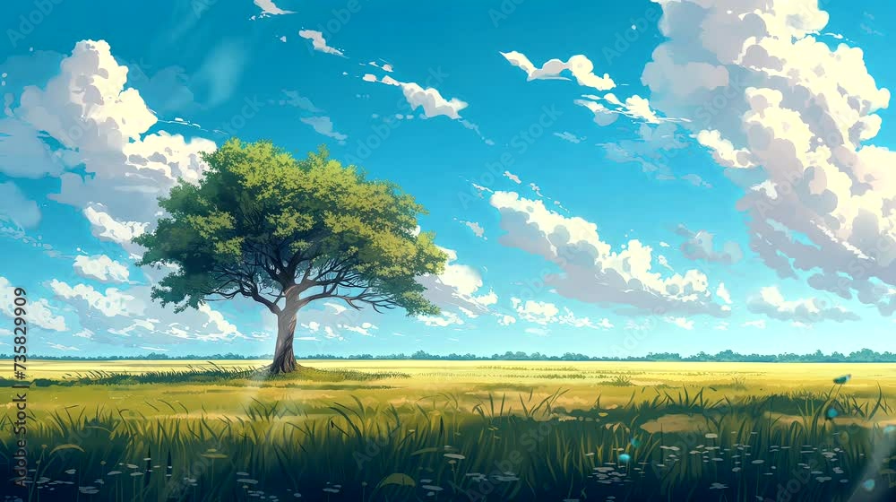 A twilight scene with the lone tree against the horizon. Fantasy landscape anime or cartoon style, seamless looping 4k time-lapse virtual video animation background