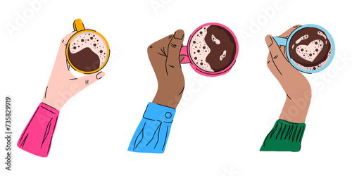Flat cartoon set of Hands Holding Cups of coffee or tea. Holiday vector illustration for postcard, greeting card, party invitation. Funny Lovely Mug.