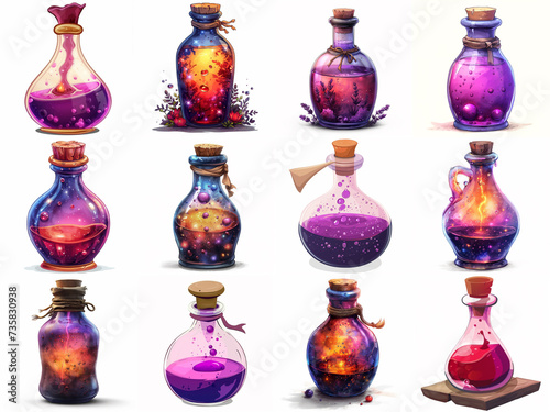 Collection of colorful bottles with magic potion in cosmic style isolated on white background