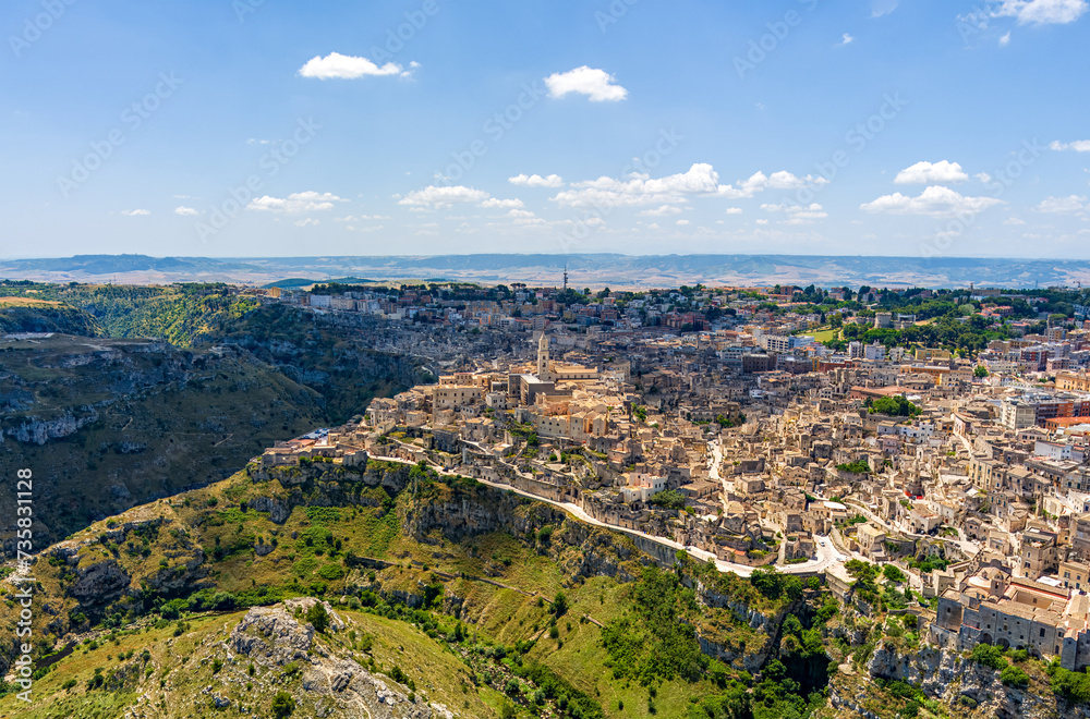 Matera, Italy. City in the Italian region of Basilicata, the administrative center of the province of Matera. The old part of the city is carved out of the rock and is a UNESCO. Aerial view