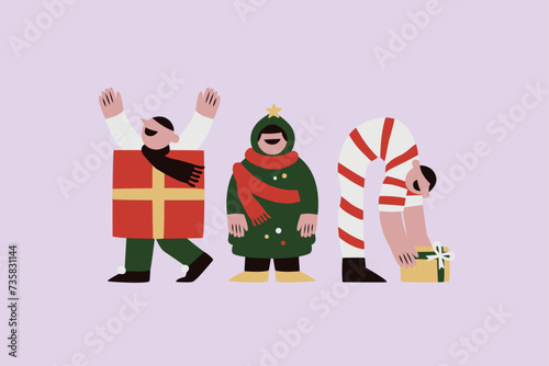Children in Christmas Costumes Vector Illustration
