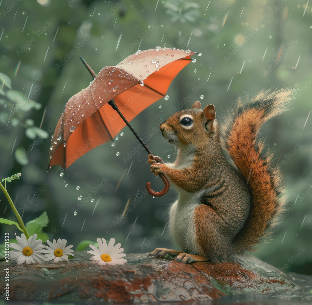 A squirrel sits in the rain and holds an umbrella in its paws
