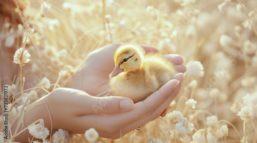 A little yellow duckling sits in his hands
