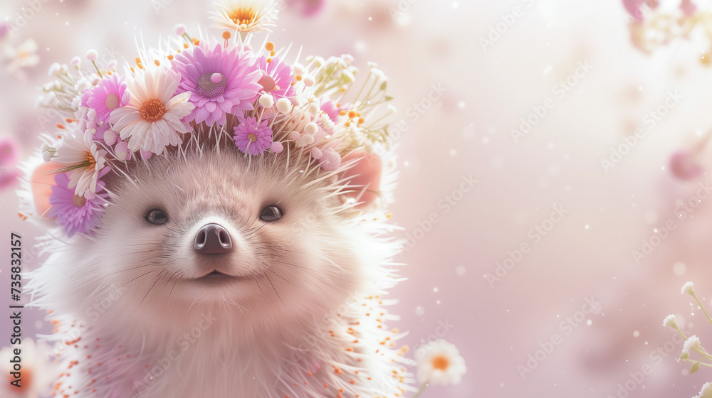 Cute hedgehog with a flower wreath on his head
