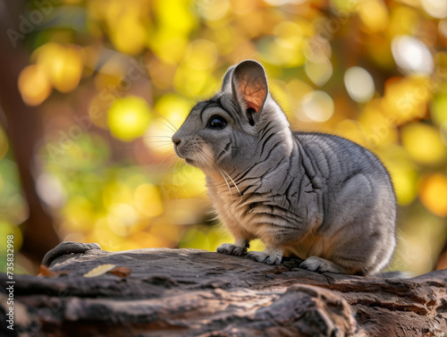 A chinchilla sitting on a rock with autumn leaves in the background.