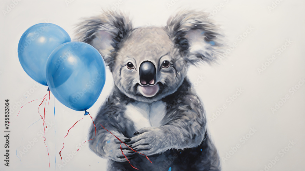 A koala holding balloons in its paws and a string.