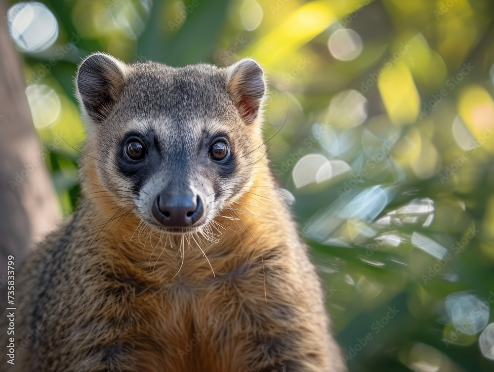 Obraz premium A coati with striking eyes looks directly at the camera, against a leafy backdrop.