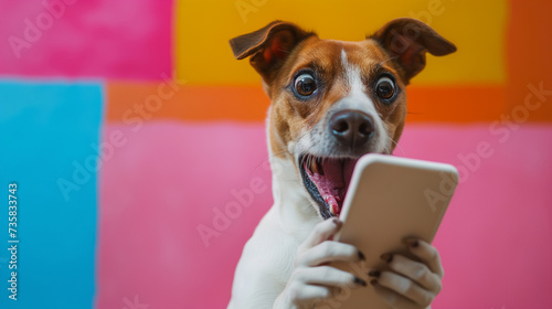 Surprised dog holding a smartphone with a comical expression. photo
