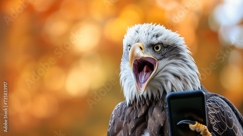 Surprised eagle holding a smartphone with a comical expression.