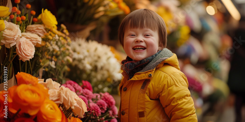 Joyful Young Boy With Down Syndrome Selling Flowers In Shop © Anastasiia