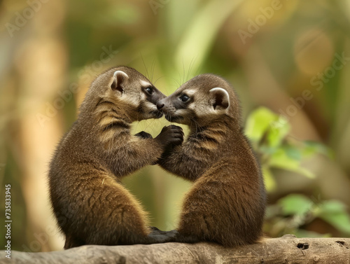 Two coatis having a playful moment on a tree branch.