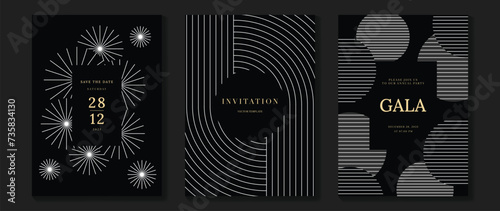Luxury invitation card background vector.  White geometric shape, lines, firework on dark background. Premium design illustration for gala card, grand opening, party invitation, wedding.