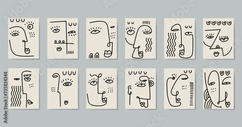 Set of line drawing abstract doodle face person minimalist hand drawn vector illustration for art print.
