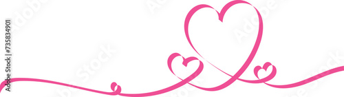 Pink calligraphic heart shapes banner in the corner. Line art ribbon. Valentine's Day border on an isolated background., February 14, holiday, abstract, outline, continuous, linear, stroke, cupid