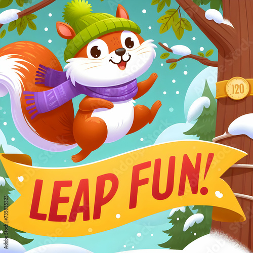 Create an image of a happy squirrel jumping from tree branch to tree branch  with a banner trailing behind it that reads  Leap Day Fun  