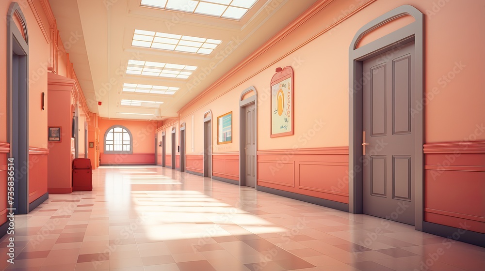 Vibrant School Corridor and Classroom Scene, 3D Illustration with Modern Design and Inviting Atmosphere