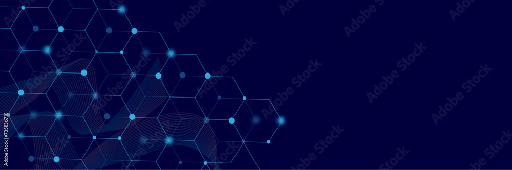 Modern scientific abstract background with hexagon shapes, lines and dots. Abstract geometric background with hexagon shapes for medicine, science, chemistry.