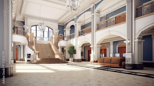 Spacious School Lobby with Towering Ceilings: Entrance Scene with Modern Architectural Design © Nazia