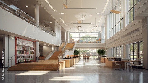 Spacious School Lobby with Towering Ceilings: Entrance Scene with Modern Architectural Design