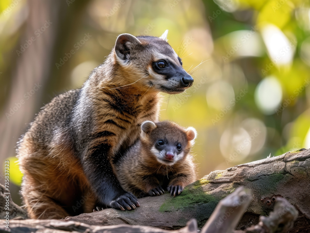 Obraz premium A juvenile coati looks on curiously while under the watchful eye of its mother.