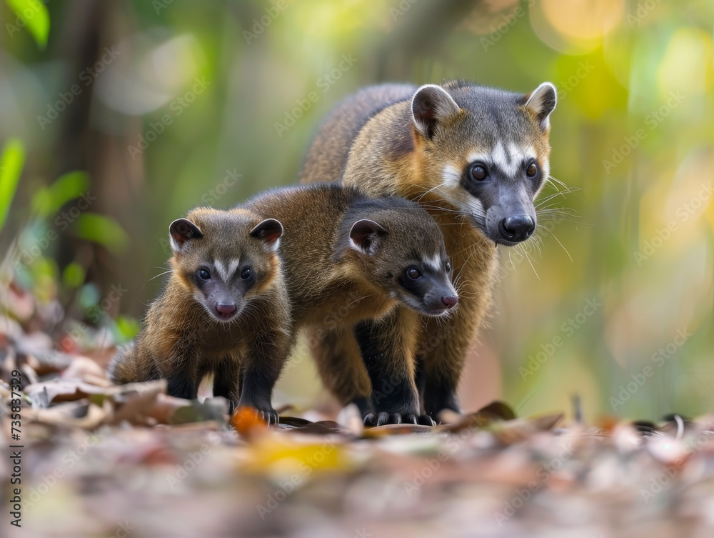 Naklejka premium Two coati babies with their mother on an adventure.