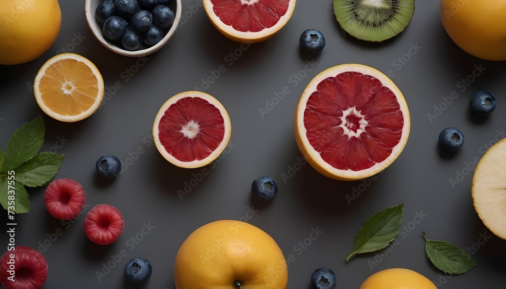 Assorted Fresh Fruits Arranged on a Dark Grey Background, Top View Assorted Fresh Fruits Arranged on a Dark Grey Background, Top View