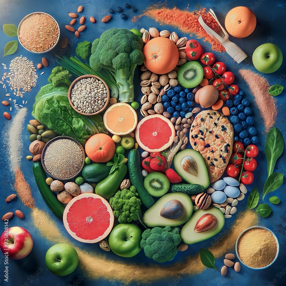 A colorful array of nutritious foods, artistically arranged to celebrate a balanced and healthful diet, rich in fruits, vegetables, grains, and proteins. A colorful array of nutritious foods, artistically arranged to celebrate a balanced and healthful diet, rich in fruits, vegetables, grains, and proteins.