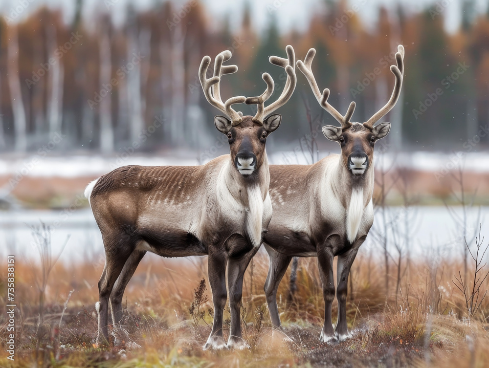 Two reindeer with impressive antlers standing in a snowy landscape. Two reindeer with impressive antlers standing in a snowy landscape.