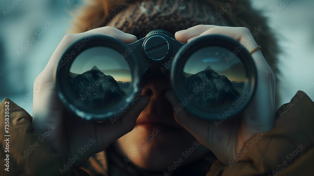 a person peering through binoculars, where their eyes are obscured, replaced by the intriguing reflection of a distant landscape captured within the binocular lenses