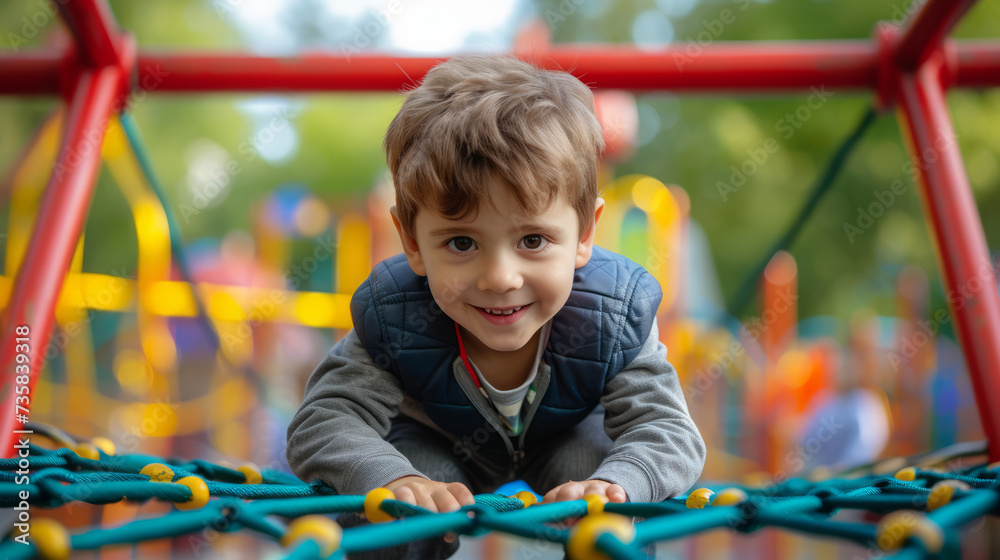 Child boy playing on playground in the park Child boy playing on playground in the park