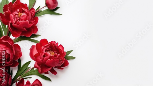Fototapeta Naklejka Na Ścianę i Meble -  composition of a bouquet of red peony flowers, top view with copy space on a white background