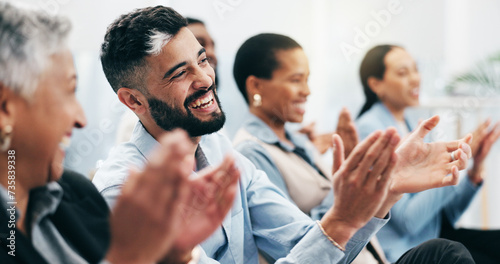 Happy business people, man and group with applause in seminar, tradeshow and achievement of success. Face, employees and crowd clapping to celebrate workshop, praise and winning award at conference