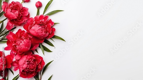 composition of a bouquet of red peony flowers, top view with copy space on a white background