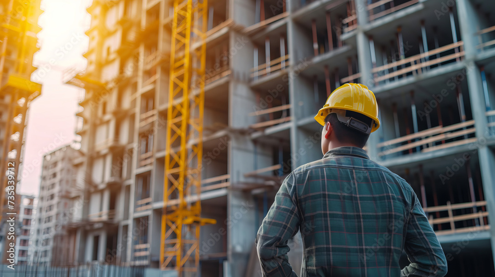 Construction worker with safety helmet in front of unfinished building Construction worker with safety helmet in front of unfinished building