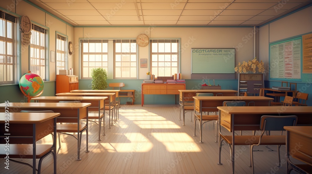 Vibrant 3D Render of an Inviting Classroom Interior with Desks and Chairs Ready for Learning