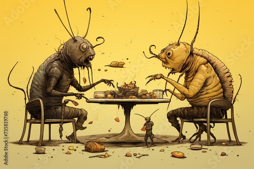 Humanoid bugs eating dinner illustration Generative Ai