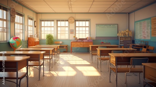 Vibrant 3D Render of an Inviting Classroom Interior with Desks and Chairs Ready for Learning