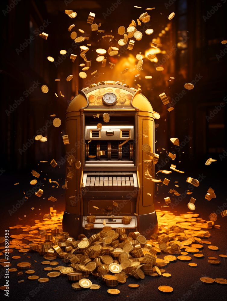 Vintage Jukebox with falling  gold coins background