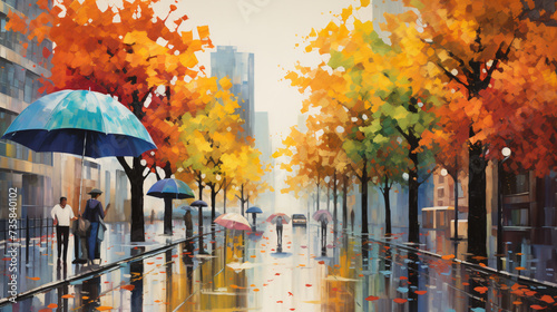A painting of a city street with trees and buildings.