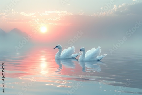 Beautiful swans on the lake at sunrise. Nature composition