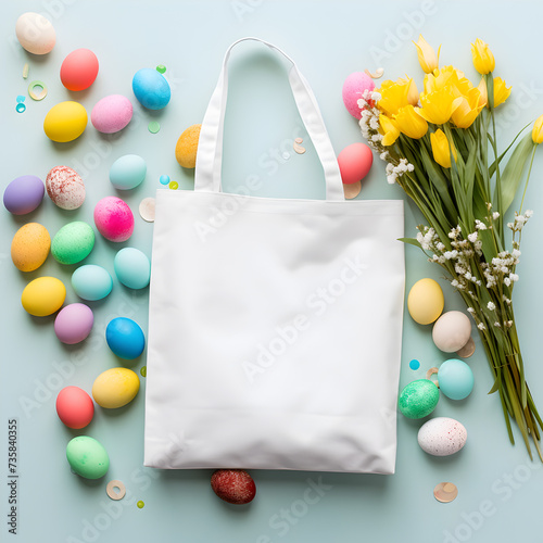 Natural material tote bag mock up. White canvas tote, blank bag template. Shopping bag mockup Your design here. Flogal background. Spring, Easter gift bag, present packaging photo