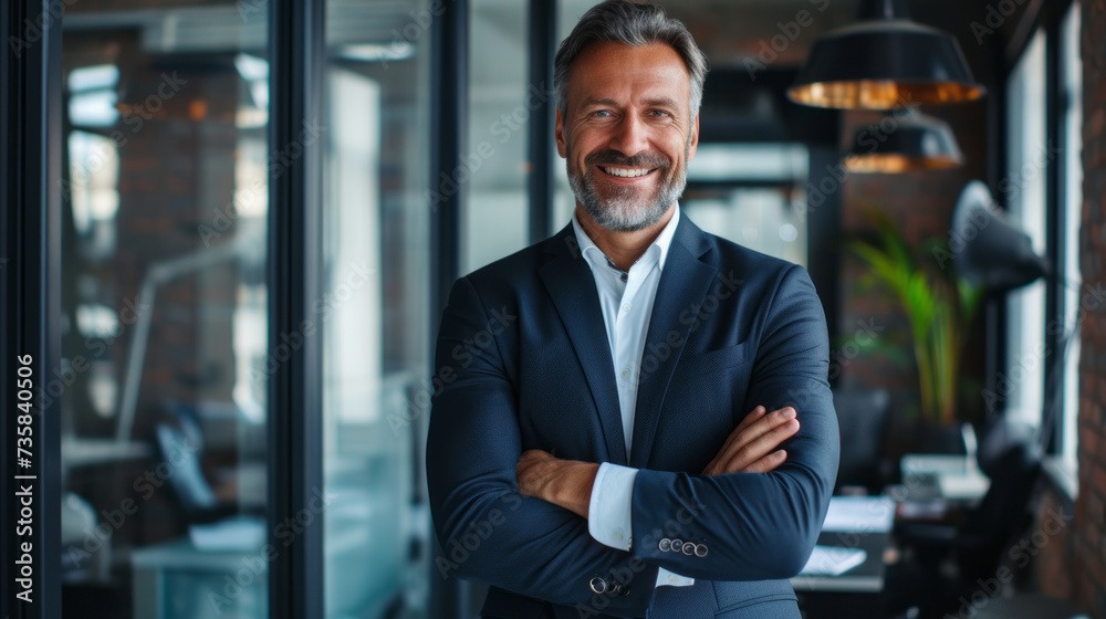 Happy middle aged business man standing in office arms crossed wearing a suit and shirt Happy middle aged business man standing in office arms crossed wearing a suit and shirt