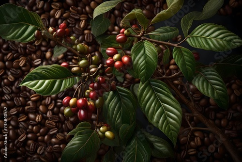 Fototapeta Naklejka Na Ścianę i Meble -   A highly detailed and natural depiction of a Coffea arabica plant, with impeccable lighting that accentuates the fine textures and features of its leaves, stems, and ripe coffee fruits