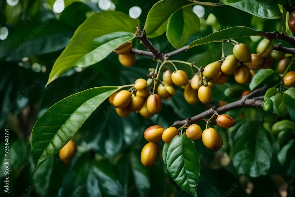  A highly detailed and natural depiction of a Coffea arabica plant, with impeccable lighting that accentuates the fine textures and features of its leaves, stems, and ripe coffee fruits