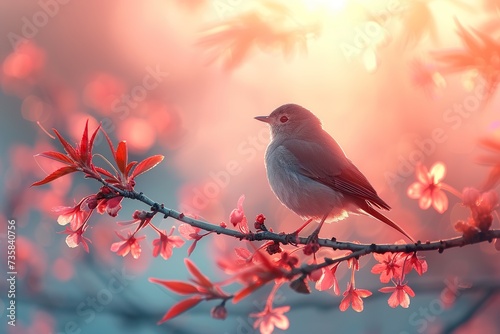 Red bird on a branch of blossoming apricot tree blur background