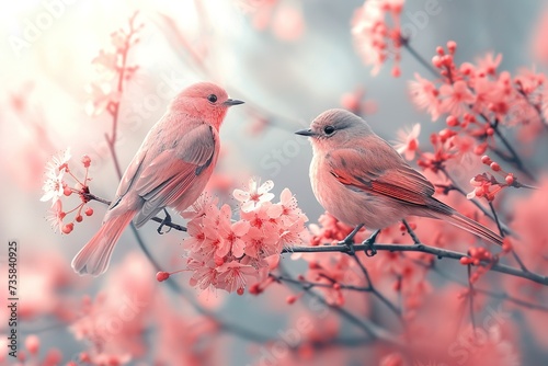 Red bird on a branch of blossoming apricot tree blur background