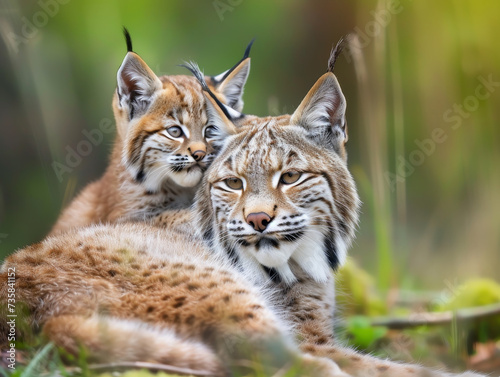 A bobcat mother and her cub resting on the ground in the wild.