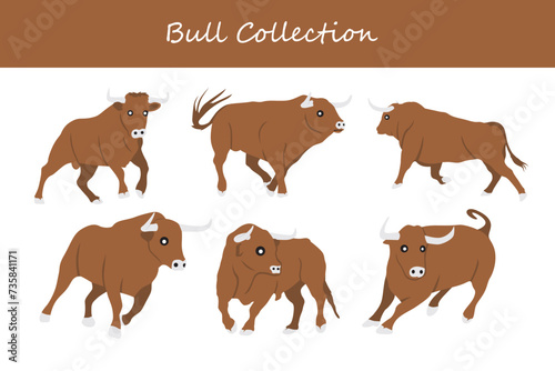 Bull cartoon vector illustration. Cute bull in different poses and actions. © Yasier