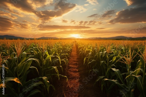 Golden Sunset Over Lush Cornfield with Mountain View