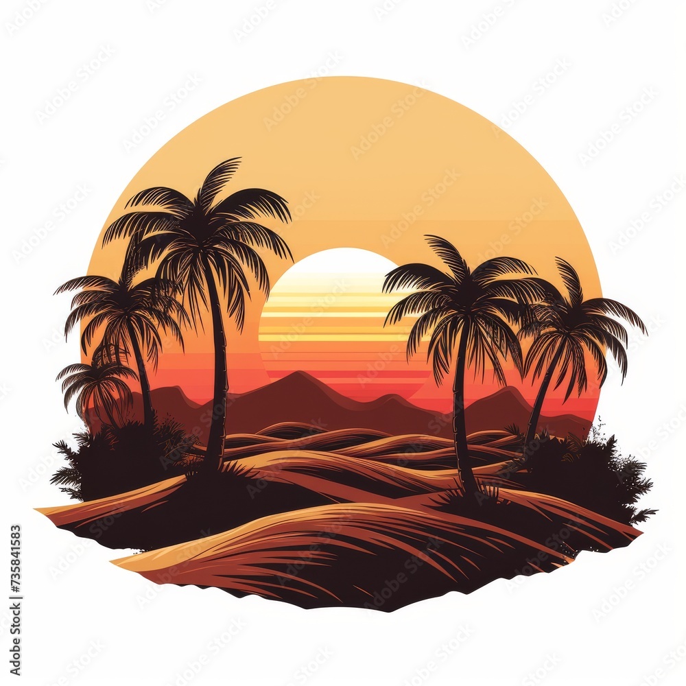 Dusk Retreat Palm Tree Silhouettes in Desert Oasis - Design & Print, White Background